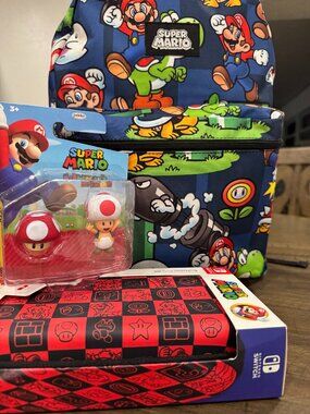 🍄Nintendo Switch Lite Travel Case & Mario Bros Backpack 2019 w/ Toad Figure 🍄